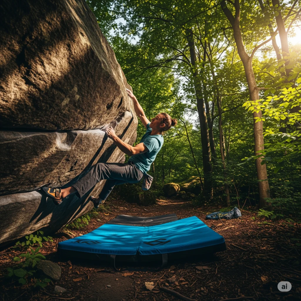 bloc extérieur, grimpeur, forêt, crashpad